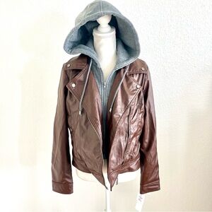 Jou Jou Brown Leather Jacket with Gray Hoodie